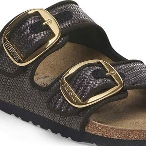 Birkenstock Arizona Raffia Sandals with Gold Buckles